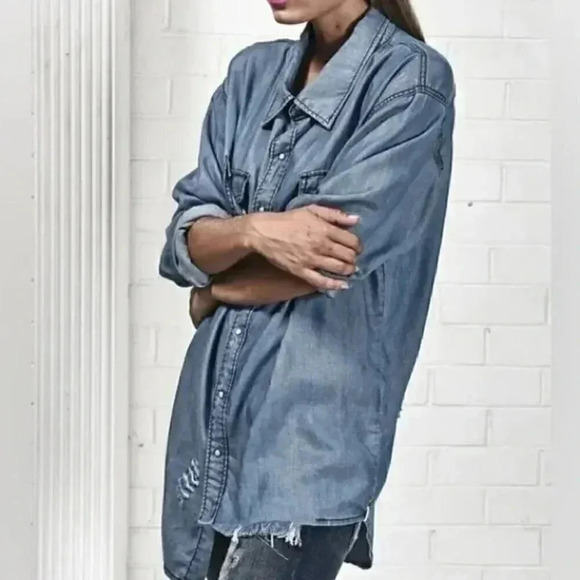 [S]One X Oneteaspoon Dallas Tencel Liberty JeanShirt Snap Button Down Distressed - Picture 2 of 9